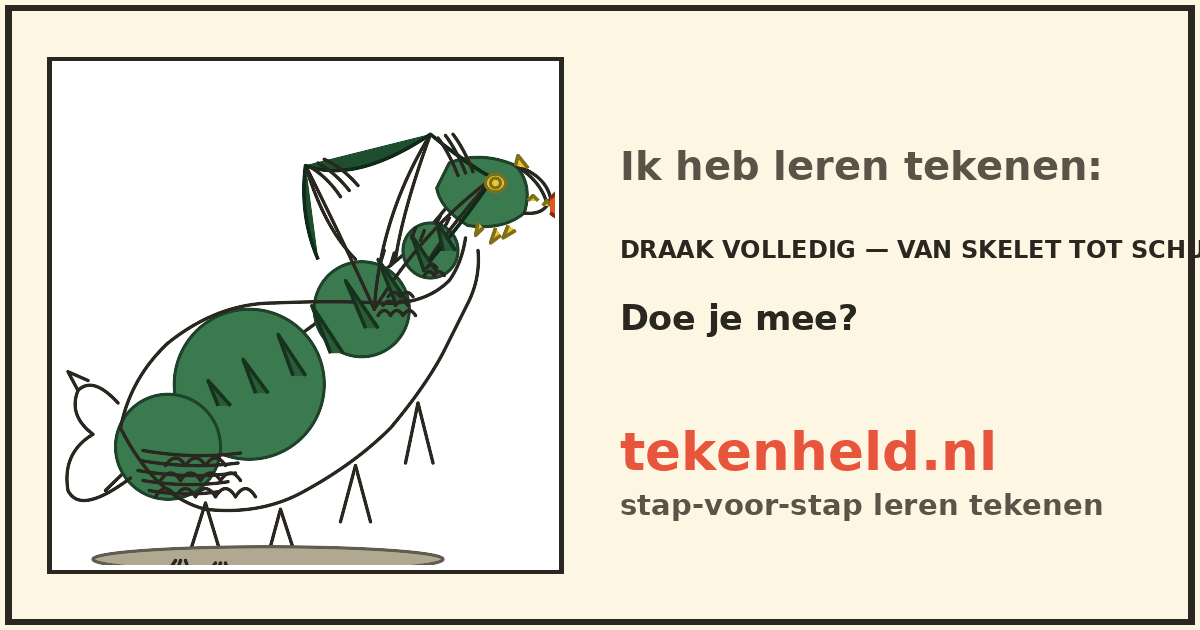 Voorbeeld: Draak volledig — van skelet tot schubben tekenen in stappen
