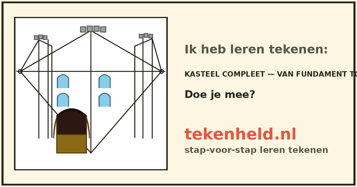 Voorbeeld: Kasteel compleet — van fundament tot vlag tekenen in stappen