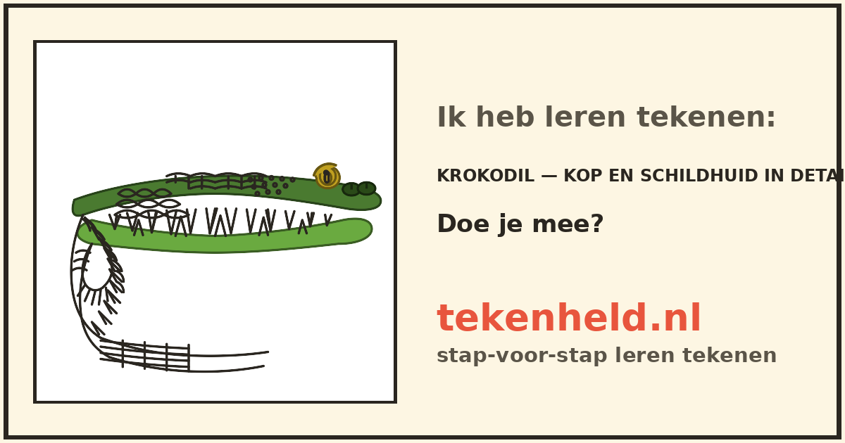 Voorbeeld: Krokodil — kop en schildhuid in detail tekenen in stappen