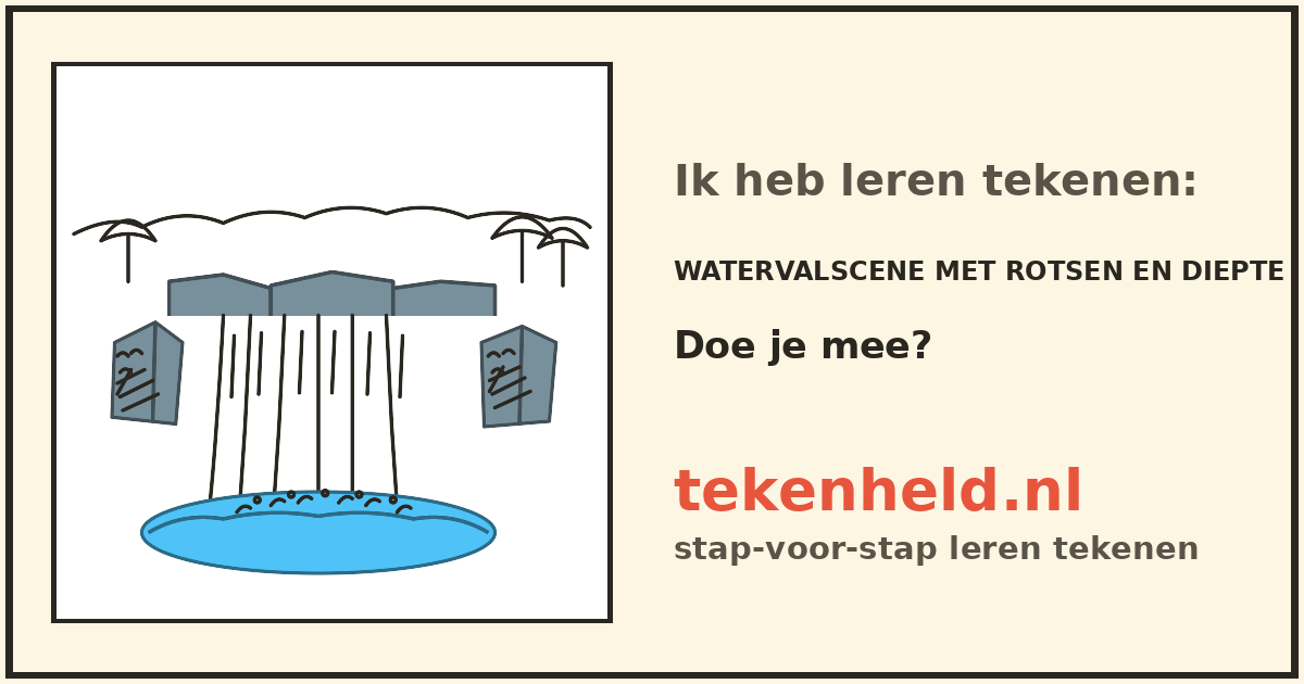 Voorbeeld: Watervalscene met rotsen en diepte tekenen in stappen